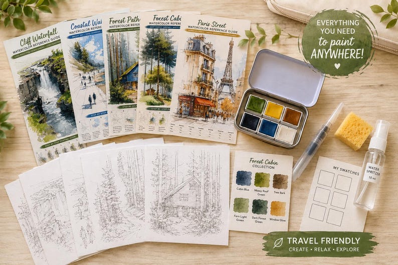 May include: A watercolor painting kit containing five reference guides with scenes like a waterfall and Paris, a metal tin with six paint pans, a water brush, a yellow sponge, a swatch card, and a 50 ml water spritzer bottle with text.