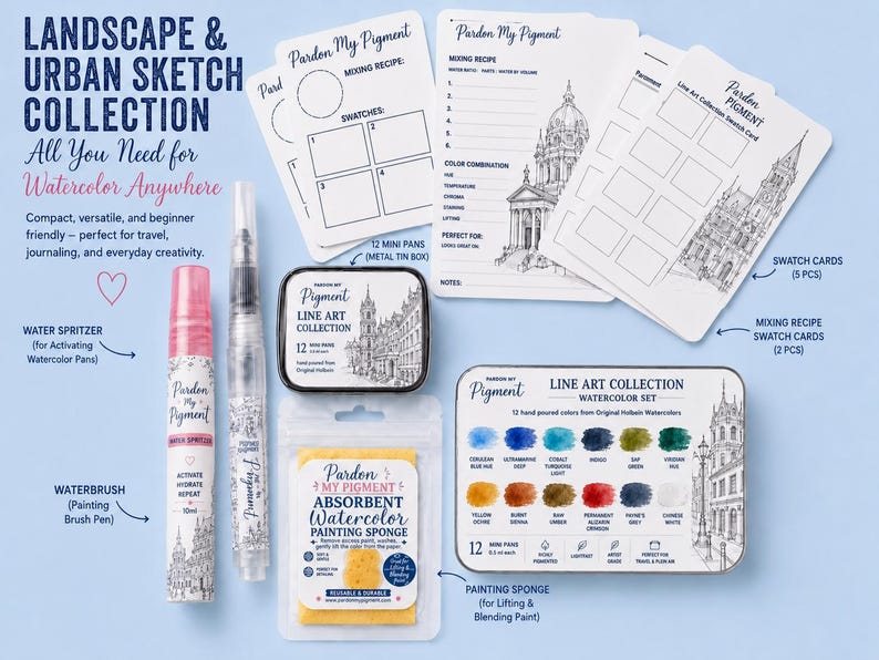 May include: A watercolor painting set labeled Pardon My Pigment, including a metal tin with 12 mini pans, a water spritzer, a waterbrush, a yellow absorbent sponge, and several white paper swatch cards featuring line art illustrations of buildings.