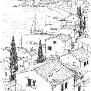 May include: A black and white ink sketch depicting a coastal village scene with houses, tall cypress trees, and a harbor filled with sailboats. The drawing features detailed architectural lines, rooftops, and a calm bay under a clear sky.