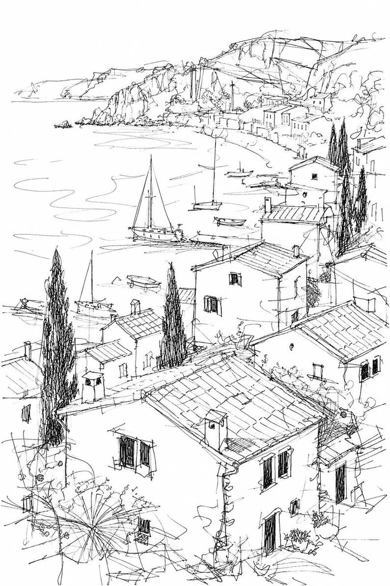 May include: A black and white ink sketch depicting a coastal village scene with houses, tall cypress trees, and a harbor filled with sailboats. The drawing features detailed architectural lines, rooftops, and a calm bay under a clear sky.