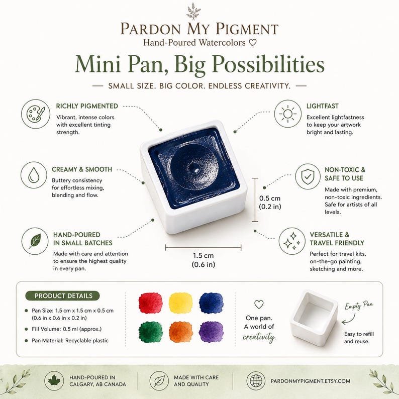 May include: A white square mini watercolor pan containing dark blue pigment, measuring 1.5 cm by 0.5 cm. The image includes text: Pardon My Pigment, Mini Pan, Big Possibilities, and product details listing a 0.5 ml fill volume and recyclable plastic material.