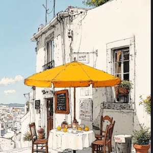 May include: An illustration of an outdoor cafe setting with a bright yellow umbrella shading a round table covered by a white cloth. Two wooden chairs are positioned at the table, which holds cups and oranges. A white building stands in the background.
