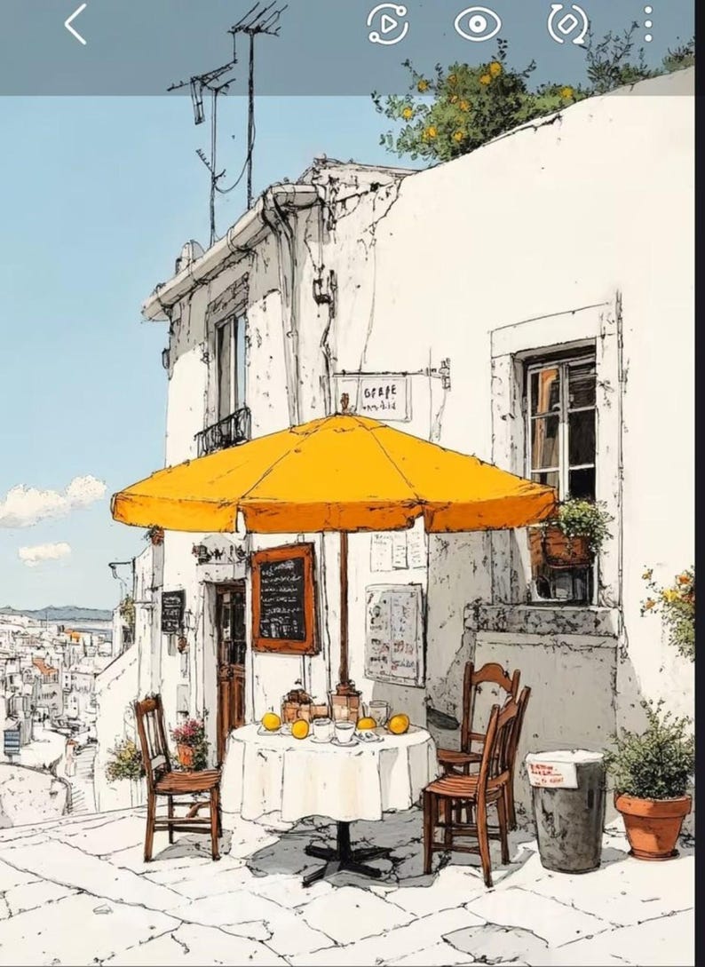 May include: An illustration of an outdoor cafe setting with a bright yellow umbrella shading a round table covered by a white cloth. Two wooden chairs are positioned at the table, which holds cups and oranges. A white building stands in the background.