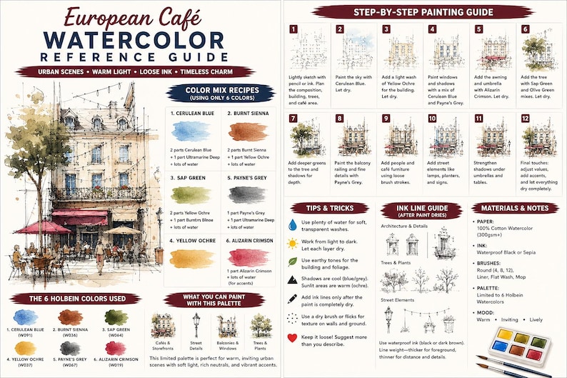 May include: A European Caf&eacute; Watercolor Reference Guide featuring a step-by-step painting tutorial, color mix recipes using six specific pigments, an ink line guide, and material notes. The layout includes a detailed watercolor illustration of a street scene.