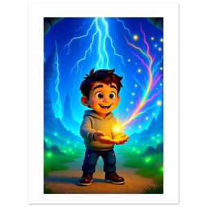 Op de afbeelding: Een levendige digitale illustratie van een lachend kind dat een gloeiende bol vasthoudt. De achtergrond toont een blauwe lucht met bliksem en een kleurrijke energiestroom. Het kind draagt een grijze hoodie, een blauwe spijkerbroek en bruine schoenen.