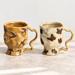 Bird or Butterfly Ceramic Mug, Hand Painted Underglaze Coffee Cup with Wavy Handle, 380ml