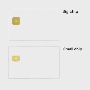 Op de afbeelding: Twee witte rechthoekige kaarten met goudkleurige chips. E&eacute;n kaart heeft een grotere, vierkante chip en de andere een kleinere, rechthoekige chip. De tekst "Big chip" en "Small chip" staat naast elke kaart.