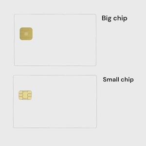 Pu&ograve; includere: Sono mostrate due carte rettangolari bianche e semplici. La carta in alto presenta un grande chip di contatto quadrato color oro sul lato sinistro con il testo Big chip a destra. La carta in basso ha un chip dorato rettangolare pi&ugrave; piccolo con il testo Small chip.