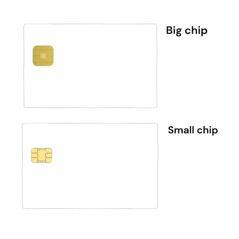 Peut inclure: Deux cartes rectangulaires blanches, l'une avec une grande puce dor&eacute;e &eacute;tiquet&eacute;e "Big chip" et l'autre avec une petite puce dor&eacute;e &eacute;tiquet&eacute;e "Small chip". L'image compare les tailles des puces.