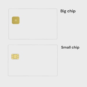 Op de afbeelding: Twee witte rechthoekige kaarten met goudkleurige chips. De bovenste kaart heeft een grotere, vierkante chip, met het label "Big chip". De onderste kaart heeft een kleinere, rechthoekige chip, met het label "Small chip".