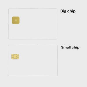 Op de afbeelding: Twee witte rechthoekige kaarten met goudkleurige chips. De bovenste kaart heeft een grotere, vierkante chip, met het label "Big chip". De onderste kaart heeft een kleinere, rechthoekige chip, met het label "Small chip".