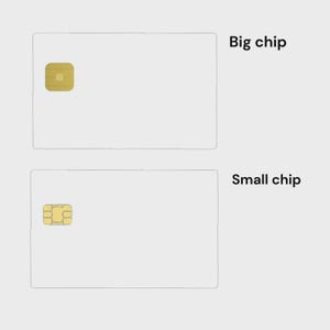 May include: Two white rectangular cards with gold-colored chips. The top card has a larger, square chip, labeled "Big chip." The bottom card has a smaller, rectangular chip, labeled "Small chip."