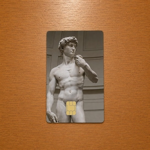 Op de afbeelding: Een rechthoekige kaart met een grijswaardenafbeelding van het David-beeld van Michelangelo. Een goudkleurige rechthoek bedekt de geslachtsdelen van het beeld. De kaart staat tegen een houten achtergrond.