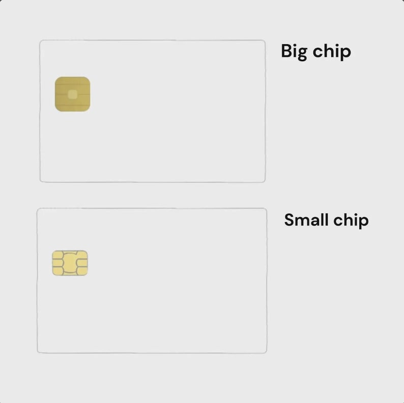 May include: Two white rectangular cards with gold-colored chips. The top card has a larger, square chip, labeled "Big chip." The bottom card has a smaller, rectangular chip, labeled "Small chip."