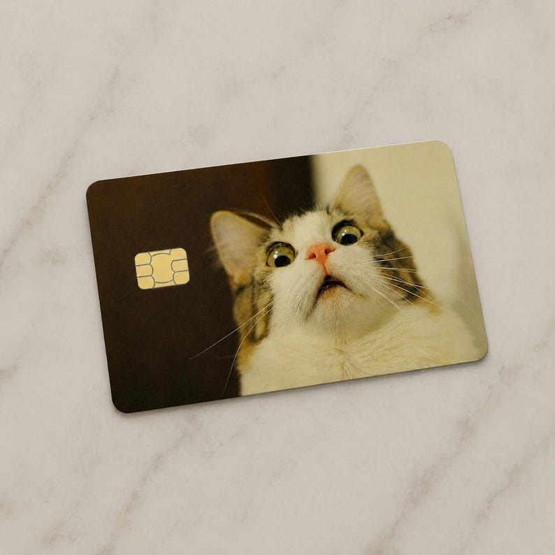 May include: A rectangular card featuring a surprised cat with wide eyes and a pink nose. The cat has white and brown fur. A gold-colored chip is in the upper left corner. The background is a dark brown.