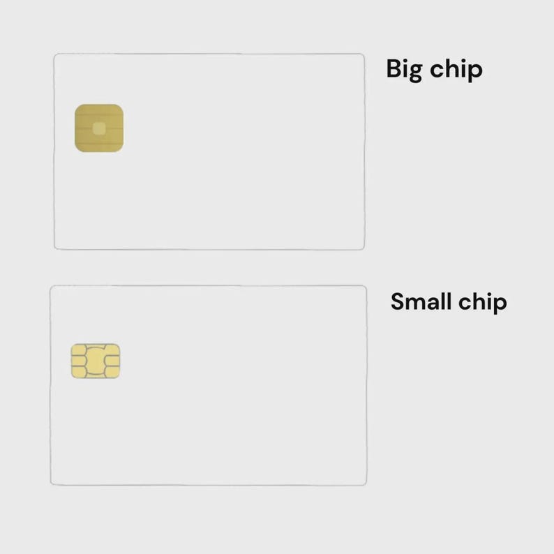 Peut inclure: Deux cartes rectangulaires blanches unies sont pr&eacute;sent&eacute;es. La carte du haut comporte une grande puce de contact carr&eacute;e dor&eacute;e sur la gauche avec le texte Big chip &agrave; droite. La carte du bas a une puce dor&eacute;e rectangulaire plus petite avec le texte Small chip.