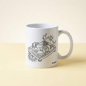Dancing Figures on a DJ Turntable Funny Music Lover Mug — Vinyl Record Celebration 11oz Ceramic Coffee Mug Gift for Him