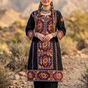May include: A black tunic and trousers set featuring intricate geometric embroidery in shades of yellow, orange, and purple. The tunic has long sleeves with matching embroidered cuffs and a central vertical panel of detailed needlework patterns.
