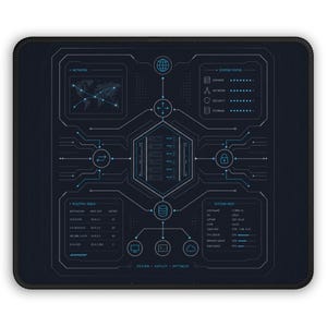May include: A rectangular black mouse pad featuring a dark blue digital interface graphic. The design includes a central server rack icon, a world map, system status bars, a routing table, and system info text with the words DESIGN, DEPLOY, OPTIMIZE.