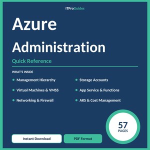 May include: A digital guide titled "Azure Administration Quick Reference" with a dark blue background. The guide includes topics like Management Hierarchy and Storage Accounts. It is available for instant download in PDF format and contains 57 pages.