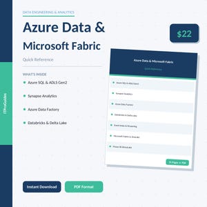 May include: A digital quick reference guide titled "Azure Data & Microsoft Fabric." The cover is dark blue with white text and green accents. The guide lists topics including Azure SQL, Synapse Analytics, and Azure Data Factory. The price is $22.