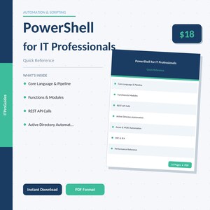 May include: A digital guide titled "PowerShell for IT Professionals" with a dark blue cover and white text. The guide includes topics like Core Language & Pipeline, Functions & Modules, and REST API Calls. The price is $18.