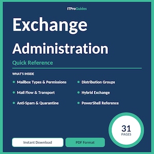 Może przedstawiać: Cyfrowy przewodnik zatytułowany „Exchange Administration Quick Reference” z granatowym tłem i białym tekstem. Przewodnik obejmuje tematy takie jak typy skrzynek pocztowych, przepływ poczty i PowerShell. Dostępny do natychmiastowego pobrania w formacie PDF, 31 stron.