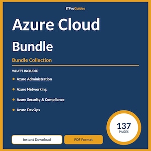 Może przedstawiać: Cyfrowy pakiet produktów "Azure Cloud Bundle" z granatowym tłem i złotymi akcentami. Pakiet zawiera Azure Administration, Networking, Security & Compliance i DevOps. Ma 137 stron i jest dostępny do natychmiastowego pobrania w formacie PDF.
