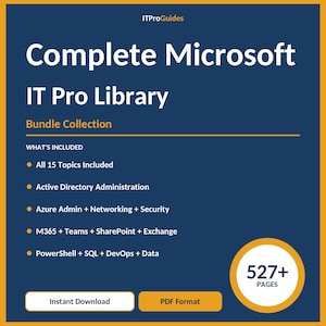 Puede incluir: Un gráfico azul y dorado que promociona la "Complete Microsoft IT Pro Library". La imagen enumera temas como Active Directory, Azure Admin y PowerShell. También indica "527+ PÁGINAS" y ofrece una "Descarga instantánea" en "Formato PDF".