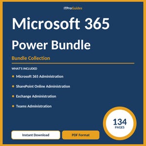 Op de afbeelding: Een digitaal product getiteld "Microsoft 365 Power Bundle" met een donkerblauwe achtergrond en gele rand. De tekst bevat "Microsoft 365", "Power Bundle" en "Bundle Collection". Het bevat Microsoft 365 Administration, SharePoint, Exchange en Teams Administration. Het is 134 pagina's en direct te downloaden in PDF-formaat.