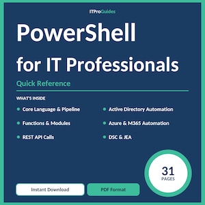 Puede incluir: Una guía azul oscuro titulada "PowerShell for IT Professionals" con el texto "Quick Reference". La guía incluye una lista de temas y el texto "31 PAGES". También tiene botones para "Instant Download" y "PDF Format".
