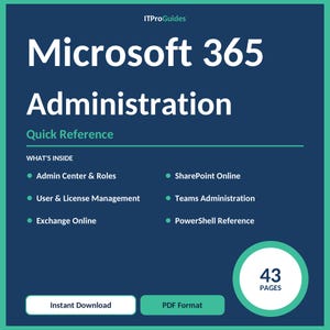 Op de afbeelding: Een digitale gids getiteld "Microsoft 365 Administration Quick Reference" op een donkerblauwe achtergrond. De gids bevat onderwerpen als Admin Center, SharePoint Online en Teams Administration. Het is 43 pagina's en direct beschikbaar als PDF.