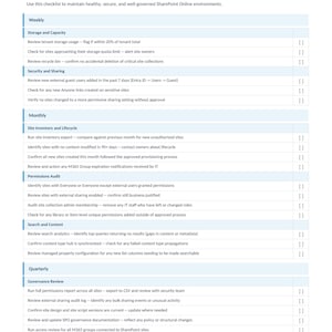 Peut inclure: Une liste de contr&ocirc;le d&eacute;taill&eacute;e intitul&eacute;e &laquo;&nbsp;Admin Checklist and Reporting&nbsp;&raquo; d'IT Pro Guides. Le document est organis&eacute; en sections hebdomadaires, mensuelles et trimestrielles, couvrant des sujets tels que le stockage, la s&eacute;curit&eacute; et la gouvernance.