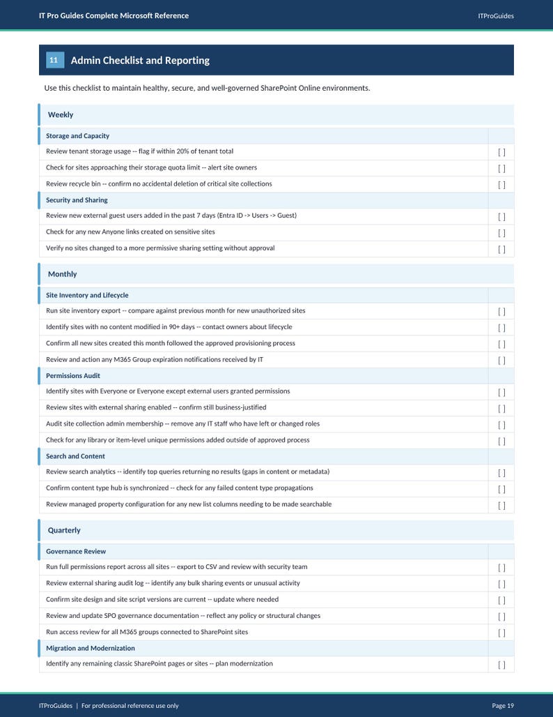 Peut inclure: Une liste de contr&ocirc;le d&eacute;taill&eacute;e intitul&eacute;e &laquo;&nbsp;Admin Checklist and Reporting&nbsp;&raquo; d'IT Pro Guides. Le document est organis&eacute; en sections hebdomadaires, mensuelles et trimestrielles, couvrant des sujets tels que le stockage, la s&eacute;curit&eacute; et la gouvernance.