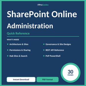 Peut inclure: Un guide num&eacute;rique intitul&eacute; "SharePoint Online Administration" sur fond bleu fonc&eacute;. La couverture comprend le texte "Quick Reference" et &eacute;num&egrave;re des sujets tels que Architecture & Sites et Permissions & Sharing. Le guide compte 30 pages et est disponible en t&eacute;l&eacute;chargement instantan&eacute; au format PDF.