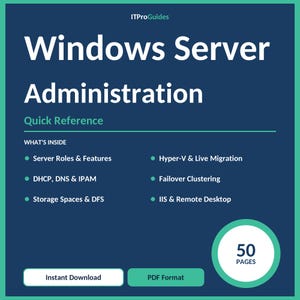 Puede incluir: Una guía digital azul oscuro titulada "Windows Server Administration" con texto blanco. La guía incluye una lista de temas, un gráfico de "50 PÁGINAS" y botones para "Descarga instantánea" y "Formato PDF".