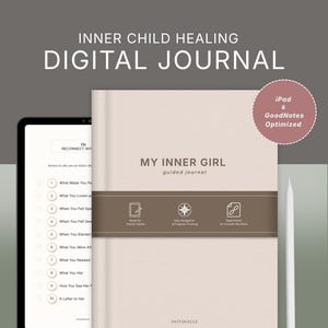 May include: A digital journal titled My Inner Girl with a beige cover, displayed on a tablet screen next to a white stylus. The journal features a brown horizontal band with icons for iPad, navigation, and hyperlinks, plus a circular badge.