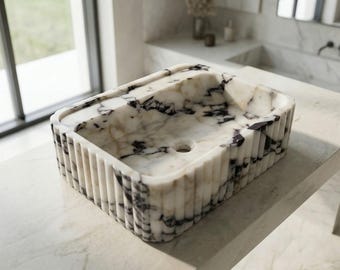 Lavabo de mármol estriado, lavabo rectangular Calacatta de 20 pulgadas, lavabo de piedra moderno tallado con CNC para baños de lujo.