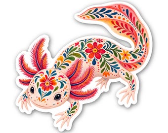 Axolotl-Aufkleber, mexikanisches Volkskunst-Otomi-Blumenmuster, wasserfester Vinyl-Aufkleber für Wasserflasche, Laptop, 2 Zoll oder 3 Zoll.