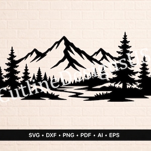 May include: Black silhouette of a mountain range with pine trees and a river. The image includes the text "Outline Designs" and file type options: SVG, DXF, PNG, PDF, AI, and EPS. The design is set against a light beige brick wall.