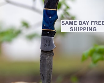 Personalized Damascus Pocket Knife, Custom Engraved Folding Knife, Groomsmen Gift, Anniversary Gift for Him, Husband Birthday Gift
