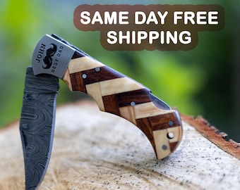 Navaja de bolsillo de acero de Damasco personalizada, regalo personalizado para el Día del Padre, navaja plegable grabada para hombre, el mejor regalo para papá, regalo de aniversario para novio