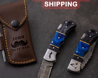 Gepersonaliseerde damastzakmes, op maat gegraveerd vaderdagcadeau, zwartblauw EDC-zakmes, eerste Vaderdag, verjaardagscadeau vader
