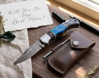 Personalized Damascus Pocket Knife with Custom Wedding Engraving
