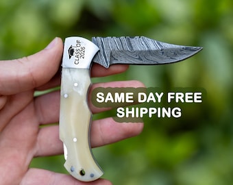Custom Damascus Class of 2026,  Personalized Steel Pocket Knife, Graduation Knife, Engraved Milestone Gift, Bone, Leather Sheath Sharpener