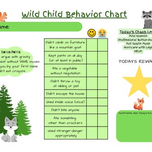 Könnte beinhalten: Eine Wild Child Behavior Chart mit grünem und weißem Design. Die Tabelle enthält Abschnitte für Name, Bonuspunkte und tägliche Verhaltensverfolgung. Illustrationen eines Eichhörnchens, eines Waschbären, eines Fuchses und eines Wolfes sind enthalten.