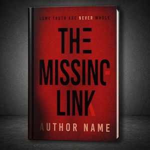 Modello di copertina per thriller "Missing Link" con tipografia rossa, design per libro di mistero e suspense