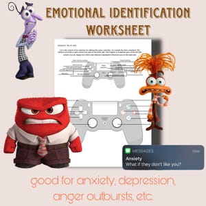 May include: An image featuring the text "EMOTIONAL IDENTIFICATION WORKSHEET" with cartoon characters. A worksheet with a game controller diagram is shown. A text bubble reads "Anxiety, What if they don't like you?" The text "good for anxiety, depression, anger outbursts, etc." is also present.