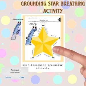 Könnte beinhalten: Farbenfrohes Bild zur Förderung einer Tiefenatmungsübung. Der Text lautet "Grounding Star Breathing Activity". Eine gelbe Stern-Grafik ist mit "Breathe In" und "Breathe Out" beschriftet. Das Bild enthält Cartoon-Figuren und die Wörter "meep" und "HOLD."