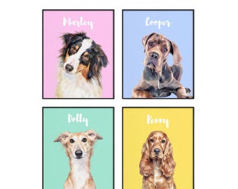 May include: Four framed digital pet portraits with the text UPLOAD YOUR PET'S PHOTO. Each portrait features a dog against a solid background: Marley on pink, Cooper on blue, Dolly on mint green, and Penny on yellow, all in black frames.